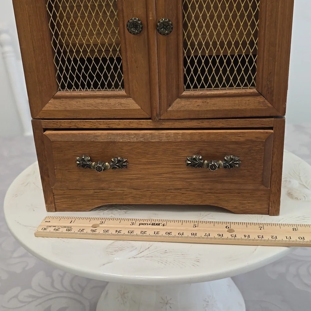Vintage Mid Century Wood Music Jewelry Box 4 Drawers Mesh Wire Door Metal Pulls
